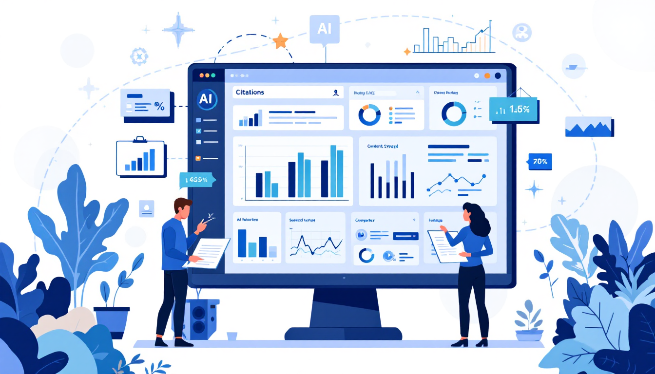 AI visibility measurement framework dashboard showing citation tracking, indexing metrics, and traffic attribution analytics